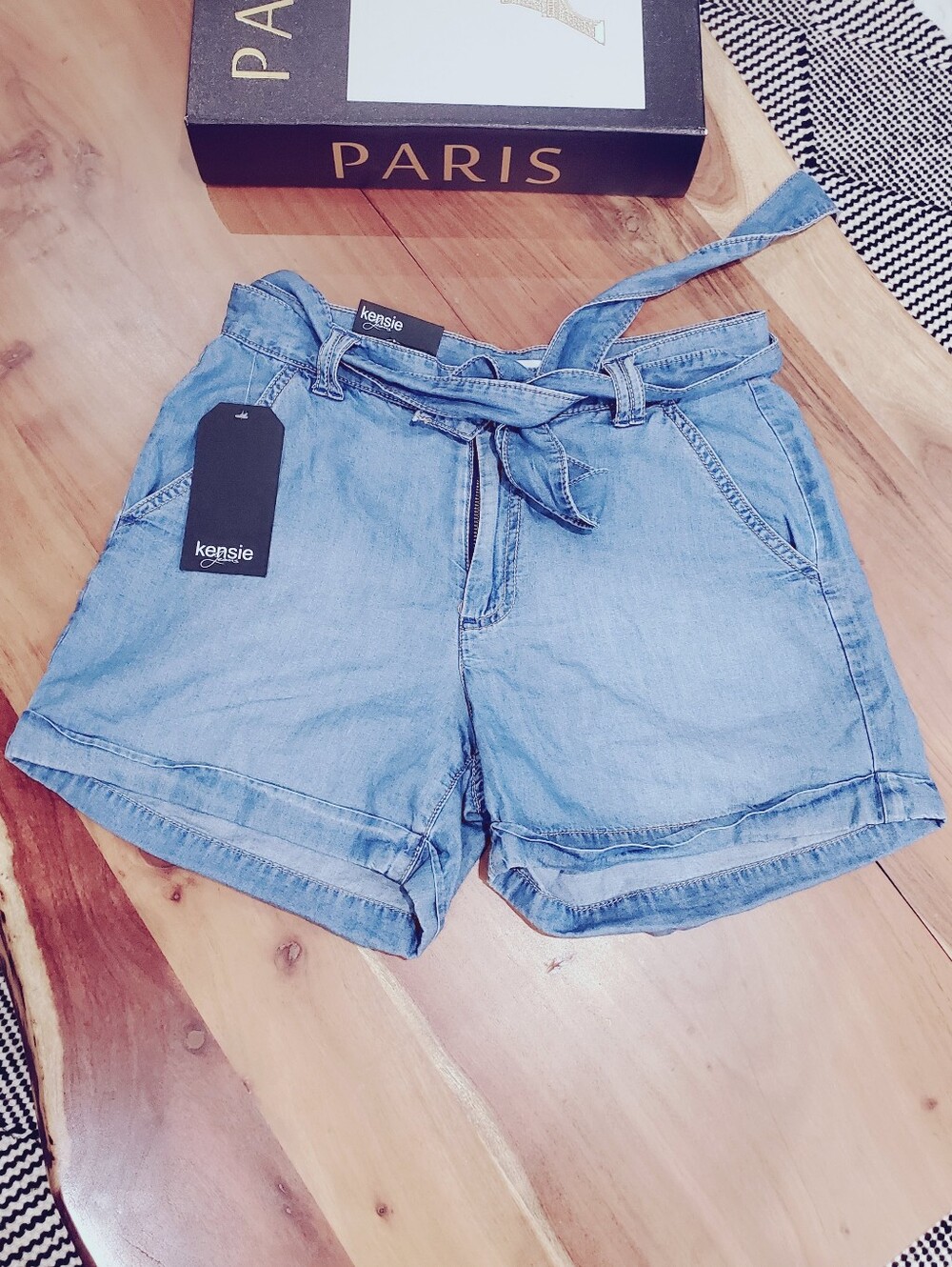 KENSIE Rolled Hem Belted Tie-Front Denim Shorts